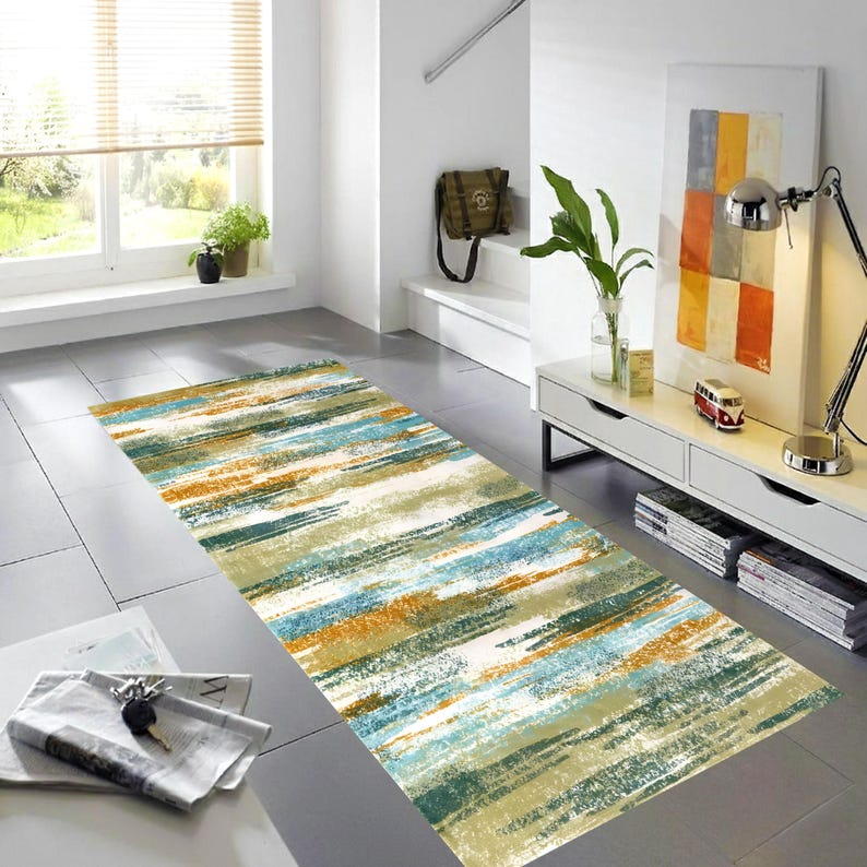 Teal Mustard Abstract Runner Rug: Modern Brushstroke Area Carpet, Non-Slip Machine-Washable