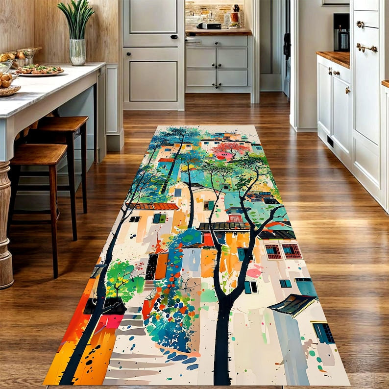 Color Splash Village Runner Rug: Abstract Town Hallway Carpet, Machine-Washable Non-Slip