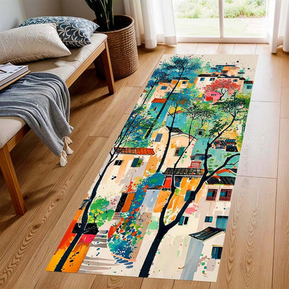 Color Splash Village Runner Rug: Abstract Town Hallway Carpet, Machine-Washable Non-Slip