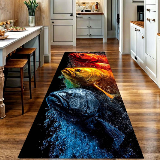 Color Splash Fish Kitchen Runner Rug: Triple Fish Art Carpet, Machine-Washable Non-Slip