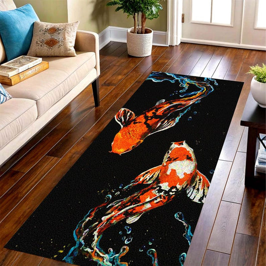 Koi Fish Runner Rug: Black Hallway Carpet, Machine-Washable Non-Slip