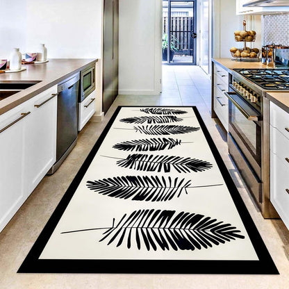 Black Fern Runner Rug: Minimal Botanical Hallway Carpet, Non-Slip Machine-Washable
