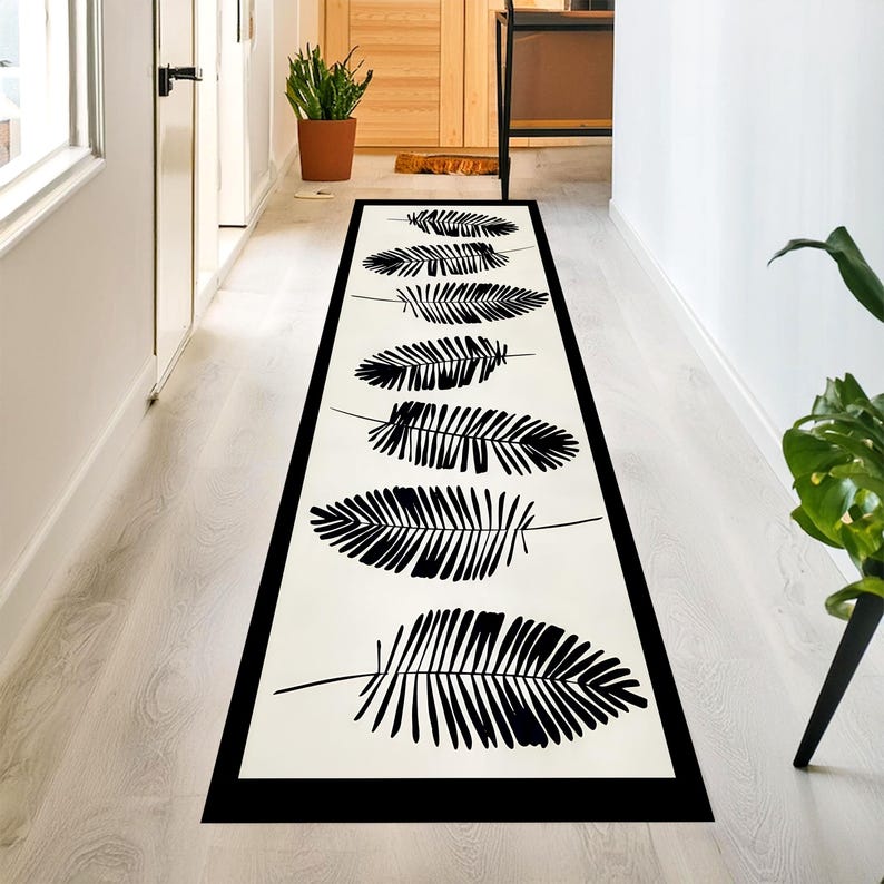 Black Fern Runner Rug: Minimal Botanical Hallway Carpet, Non-Slip Machine-Washable