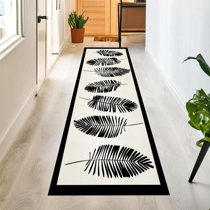 Black Fern Runner Rug: Minimal Botanical Hallway Carpet, Non-Slip Machine-Washable
