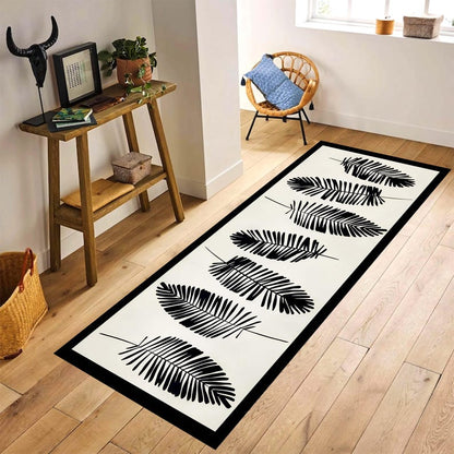 Black Fern Runner Rug: Minimal Botanical Hallway Carpet, Non-Slip Machine-Washable