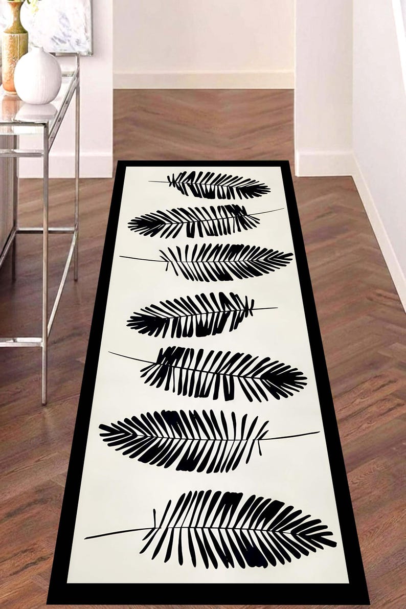 Black Fern Runner Rug: Minimal Botanical Hallway Carpet, Non-Slip Machine-Washable