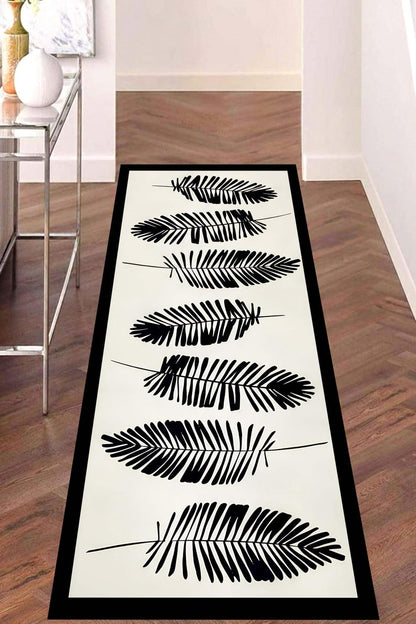 Black Fern Runner Rug: Minimal Botanical Hallway Carpet, Non-Slip Machine-Washable