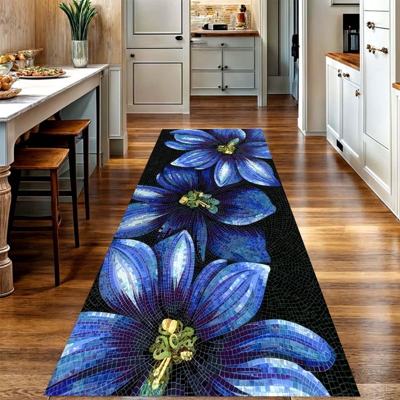 Blue Mosaic Flower Runner Rug: Modern Botanical Art Carpet , Machine-Washable Non-Slip