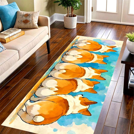 Watercolor Corgi Butt Runner Rug: Dog Line Art Hallway Carpet, Non-Slip Machine-Washable