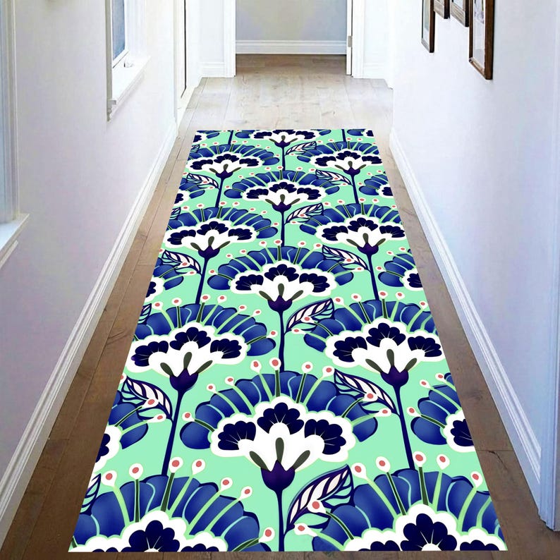 Mint Teal Floral Runner Rug: Blue White Botanical Hallway Carpet, Non-Slip Machine-Washable