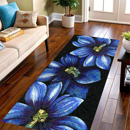 Blue Mosaic Flower Runner Rug: Modern Botanical Art Carpet , Machine-Washable Non-Slip