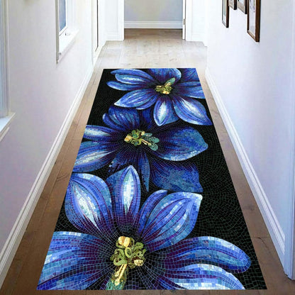 Blue Mosaic Flower Runner Rug: Modern Botanical Art Carpet , Machine-Washable Non-Slip