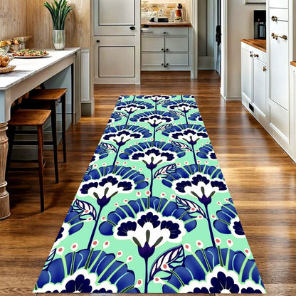 Mint Teal Floral Runner Rug: Blue White Botanical Hallway Carpet, Non-Slip Machine-Washable