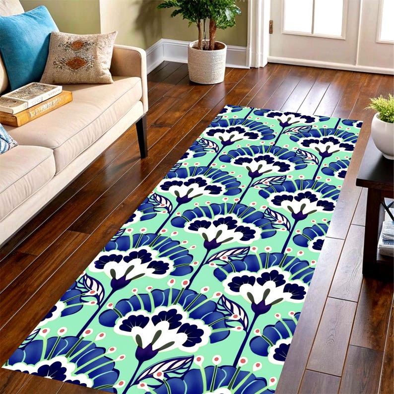 Mint Teal Floral Runner Rug: Blue White Botanical Hallway Carpet, Non-Slip Machine-Washable