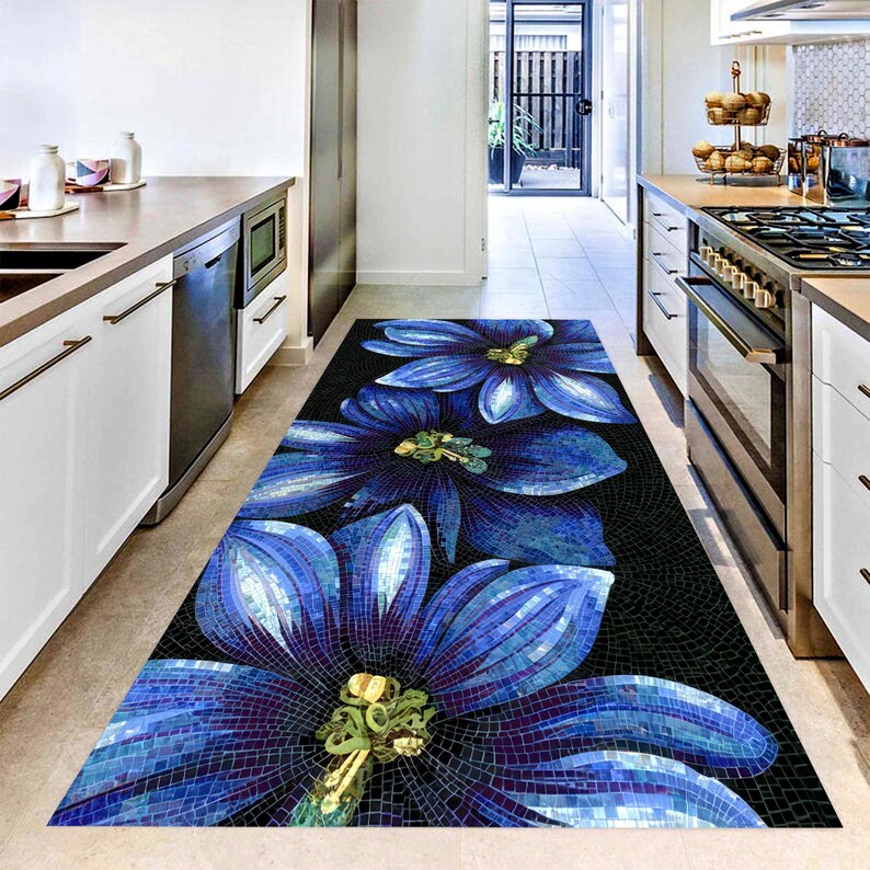 Blue Mosaic Flower Runner Rug: Modern Botanical Art Carpet , Machine-Washable Non-Slip
