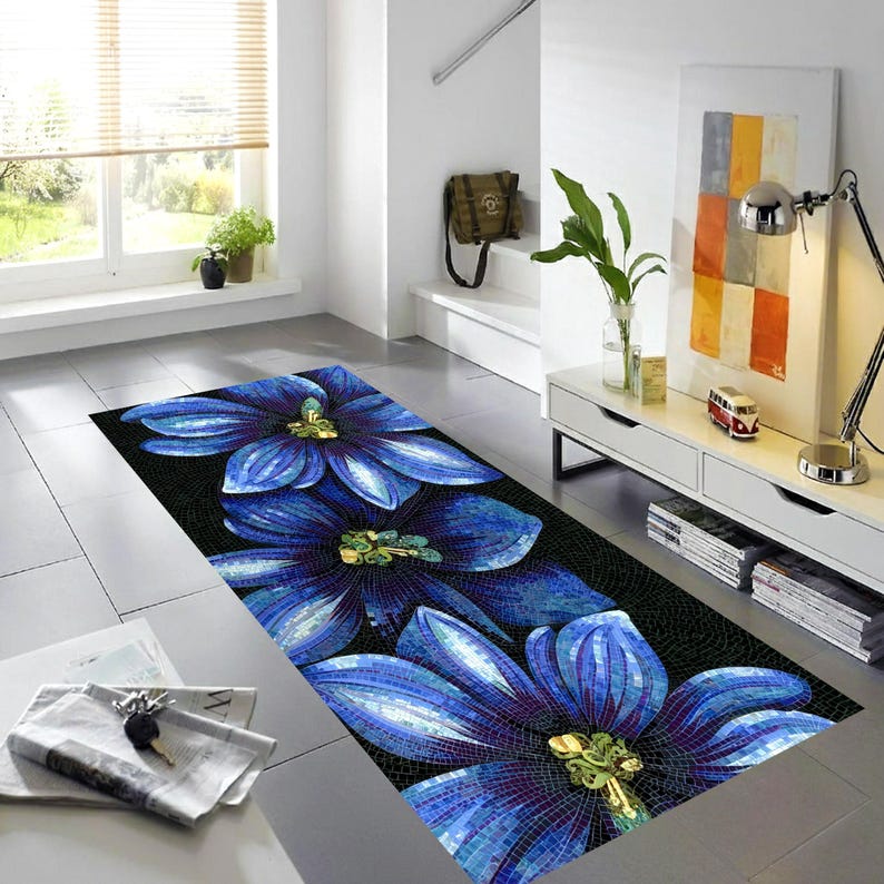 Blue Mosaic Flower Runner Rug: Modern Botanical Art Carpet , Machine-Washable Non-Slip