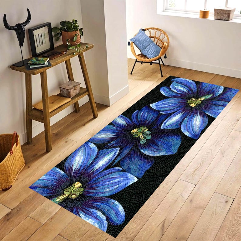 Blue Mosaic Flower Runner Rug: Modern Botanical Art Carpet , Machine-Washable Non-Slip