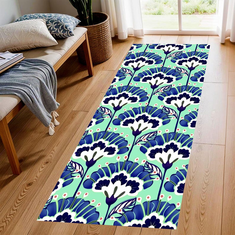 Mint Teal Floral Runner Rug: Blue White Botanical Hallway Carpet, Non-Slip Machine-Washable