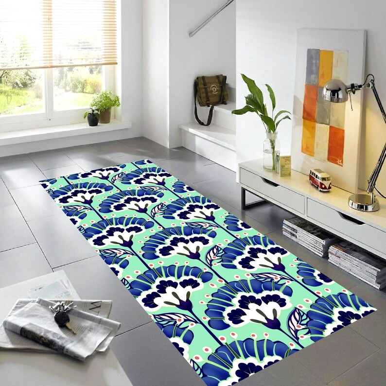 Mint Teal Floral Runner Rug: Blue White Botanical Hallway Carpet, Non-Slip Machine-Washable