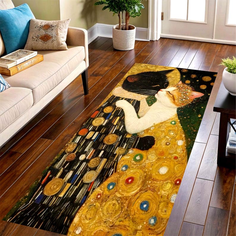 Art Nouveau Cat Kiss Runner Rug: Gold Mosaic Hallway Carpet, Non-Slip Machine-Washable