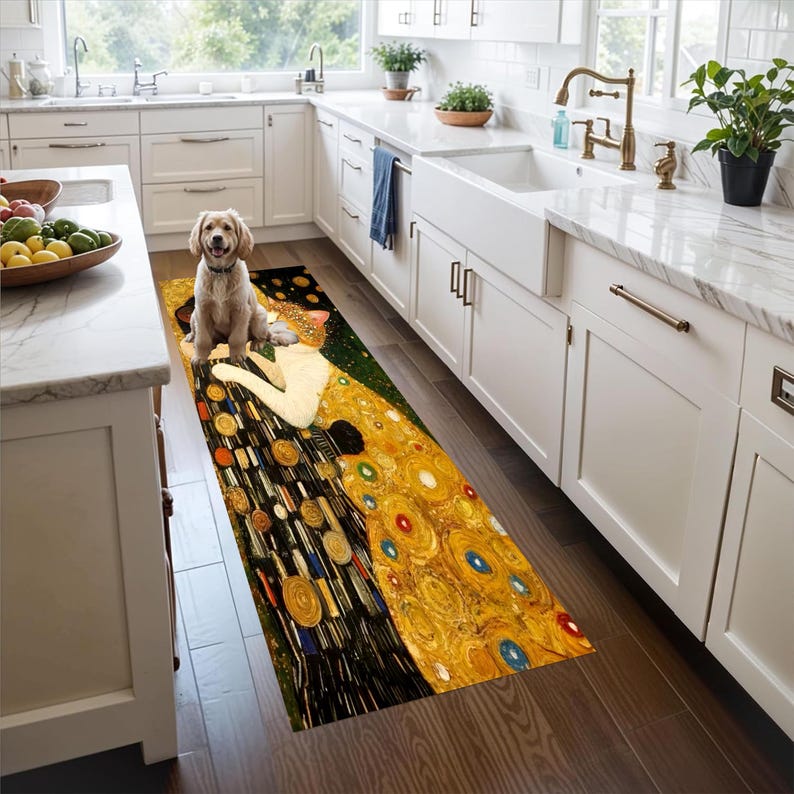 Art Nouveau Cat Kiss Runner Rug: Gold Mosaic Hallway Carpet, Non-Slip Machine-Washable