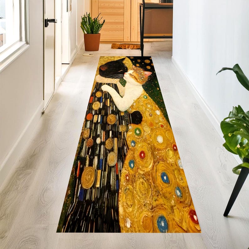 Art Nouveau Cat Kiss Runner Rug: Gold Mosaic Hallway Carpet, Non-Slip Machine-Washable