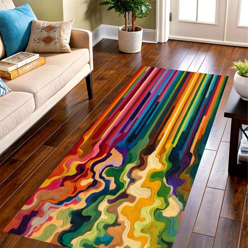 Colorful Abstract Paint Pour Printed Runner Rug: Modern Rainbow Drip Carpet, Machine-Washable Non-Slip