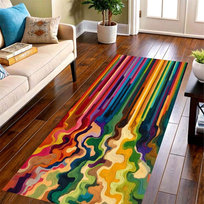 Colorful Abstract Paint Pour Printed Runner Rug: Modern Rainbow Drip Carpet, Machine-Washable Non-Slip