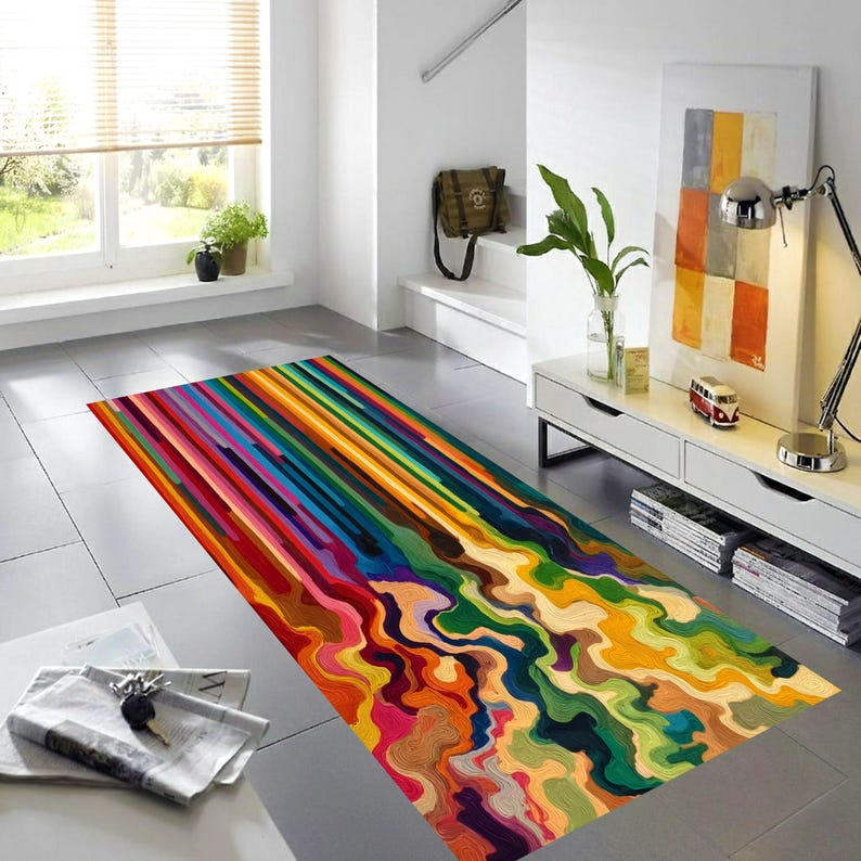 Colorful Abstract Paint Pour Printed Runner Rug: Modern Rainbow Drip Carpet, Machine-Washable Non-Slip