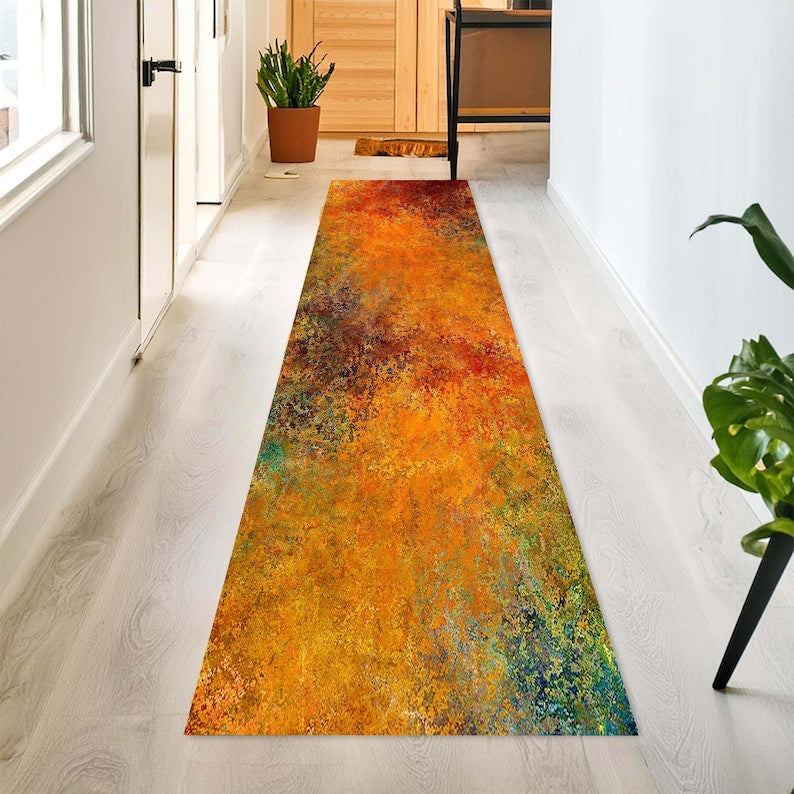 Autumn Rust Abstract Hallway Runner Rug: Non-Slip Machine-Washable