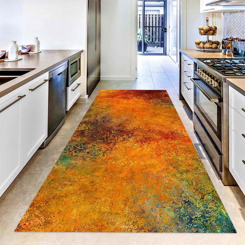 Autumn Rust Abstract Hallway Runner Rug: Non-Slip Machine-Washable