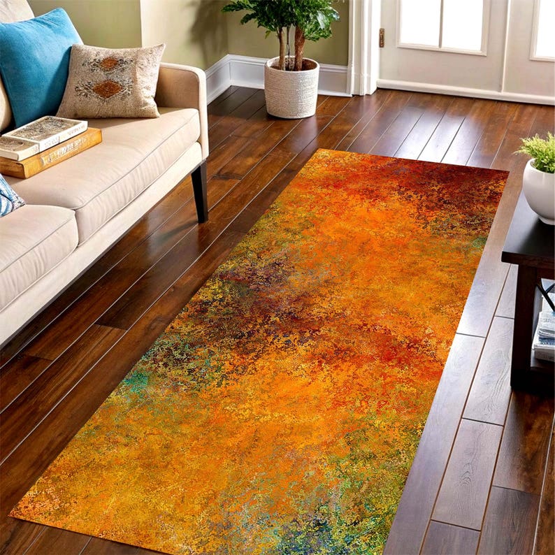 Autumn Rust Abstract Hallway Runner Rug: Non-Slip Machine-Washable