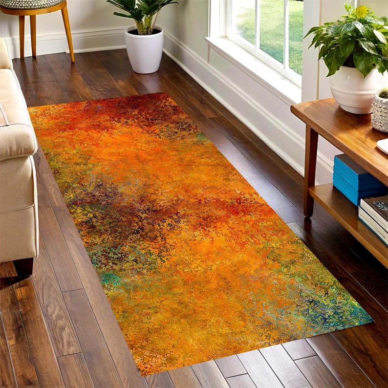 Autumn Rust Abstract Hallway Runner Rug: Non-Slip Machine-Washable