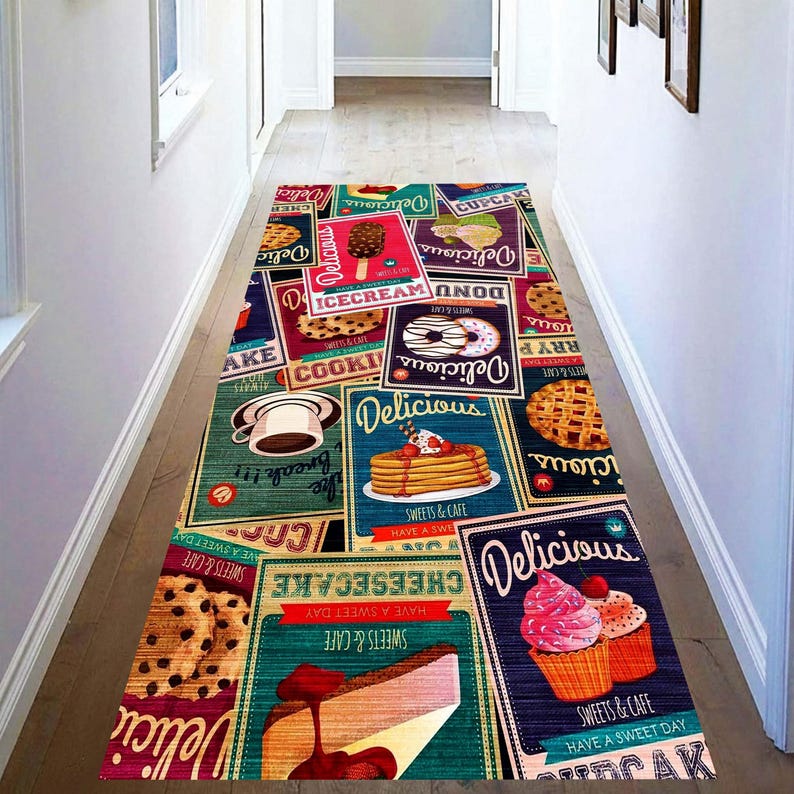 Retro Dessert Kitchen Runner Rug: Vintage Bakery Hallway Carpet, Non-Slip Machine-Washable