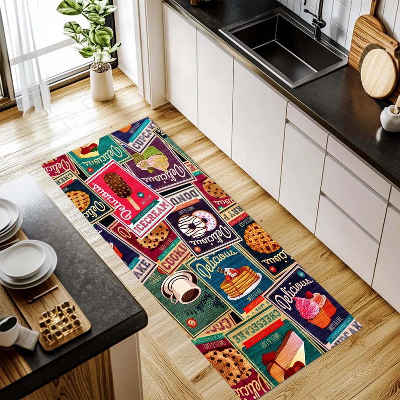 Retro Dessert Kitchen Runner Rug: Vintage Bakery Hallway Carpet, Non-Slip Machine-Washable
