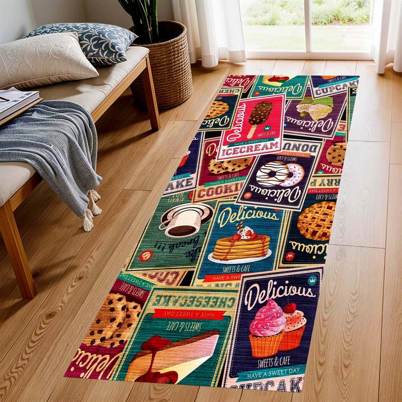 Retro Dessert Kitchen Runner Rug: Vintage Bakery Hallway Carpet, Non-Slip Machine-Washable
