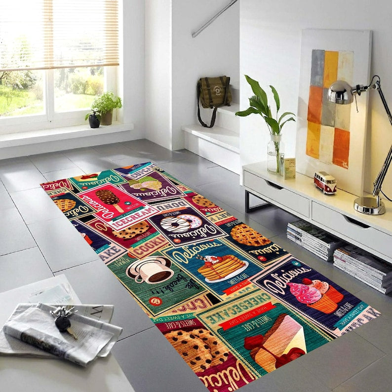Retro Dessert Kitchen Runner Rug: Vintage Bakery Hallway Carpet, Non-Slip Machine-Washable