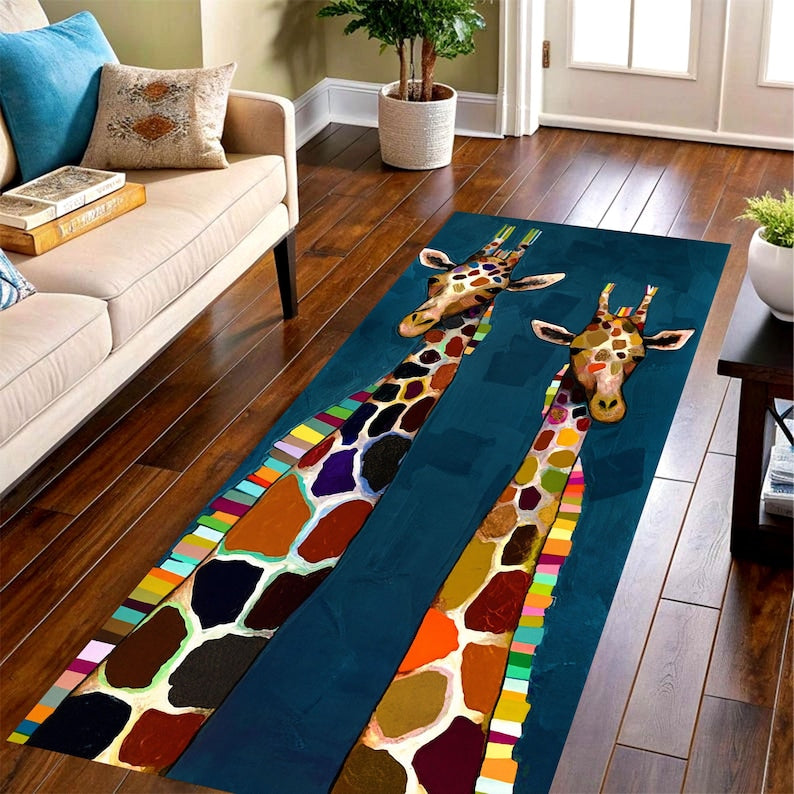 Colorful Giraffe Runner Rug: Modern Animal Art Carpet, Non-Slip Machine-Washable