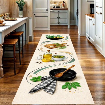 Mediterranean Olive Oil Kitchen Runner Rug: Herbs & Lemon Beige Hallway Carpet, Non-Slip Machine-Washable