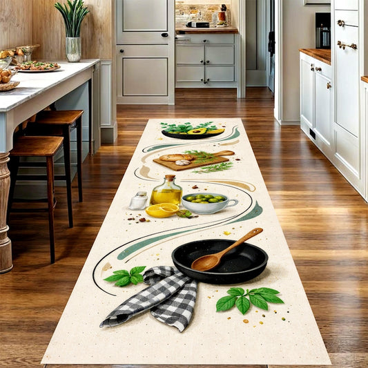 Mediterranean Olive Oil Kitchen Runner Rug: Herbs & Lemon Beige Hallway Carpet, Non-Slip Machine-Washable