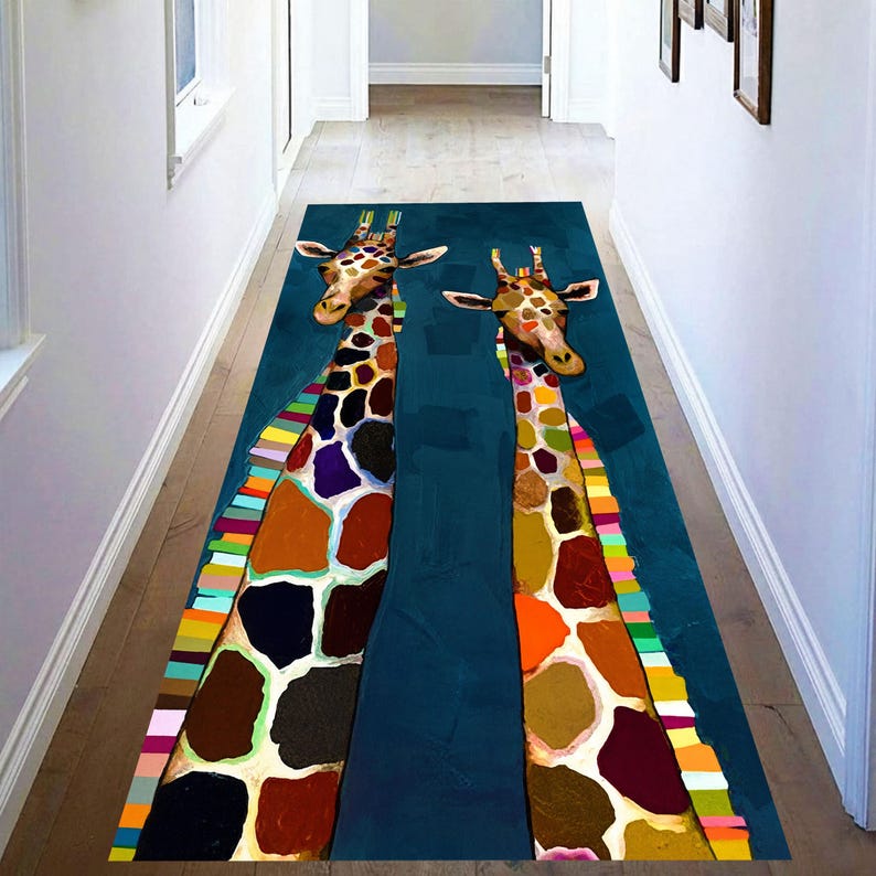 Colorful Giraffe Runner Rug: Modern Animal Art Carpet, Non-Slip Machine-Washable
