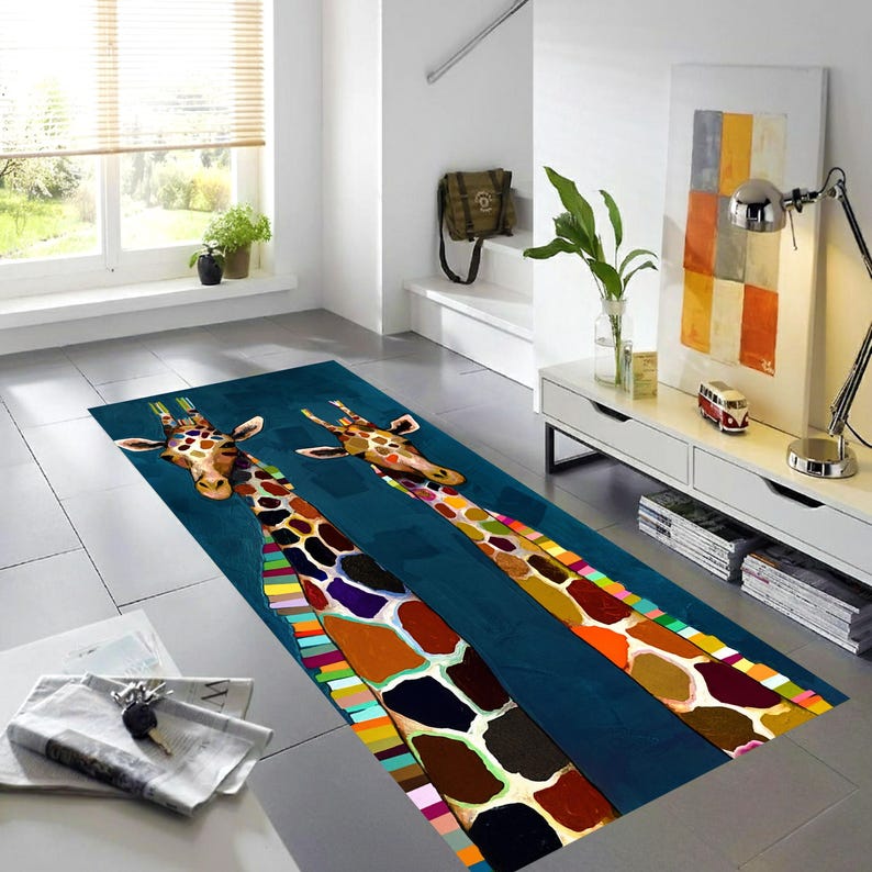 Colorful Giraffe Runner Rug: Modern Animal Art Carpet, Non-Slip Machine-Washable