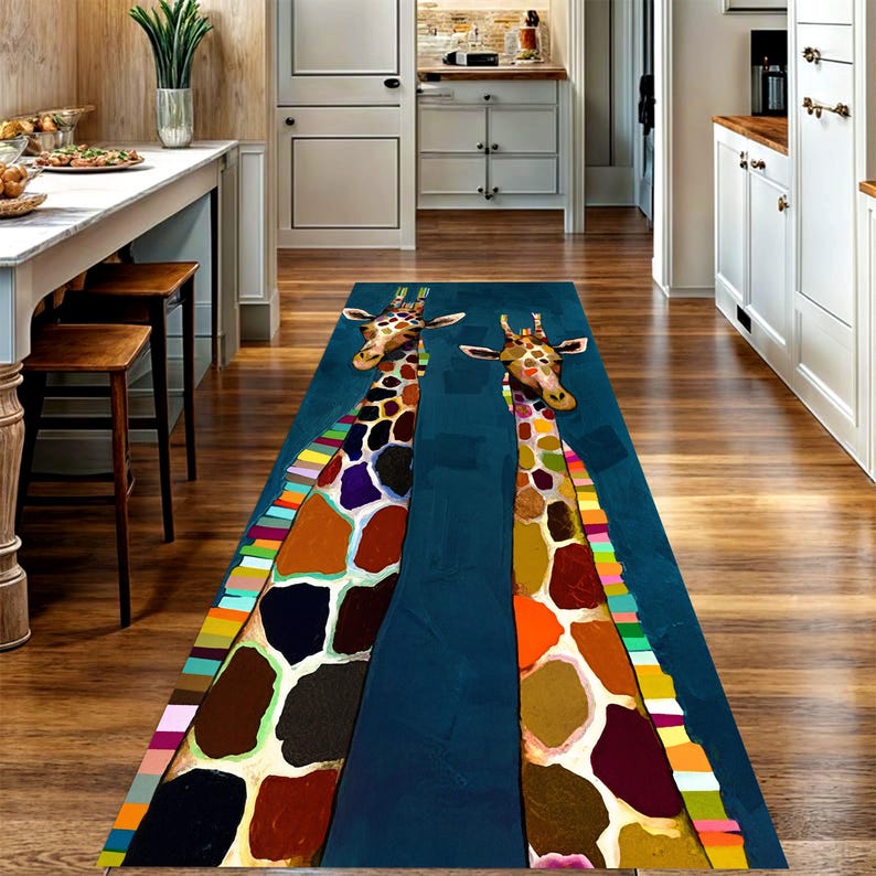 Colorful Giraffe Runner Rug: Modern Animal Art Carpet, Non-Slip Machine-Washable