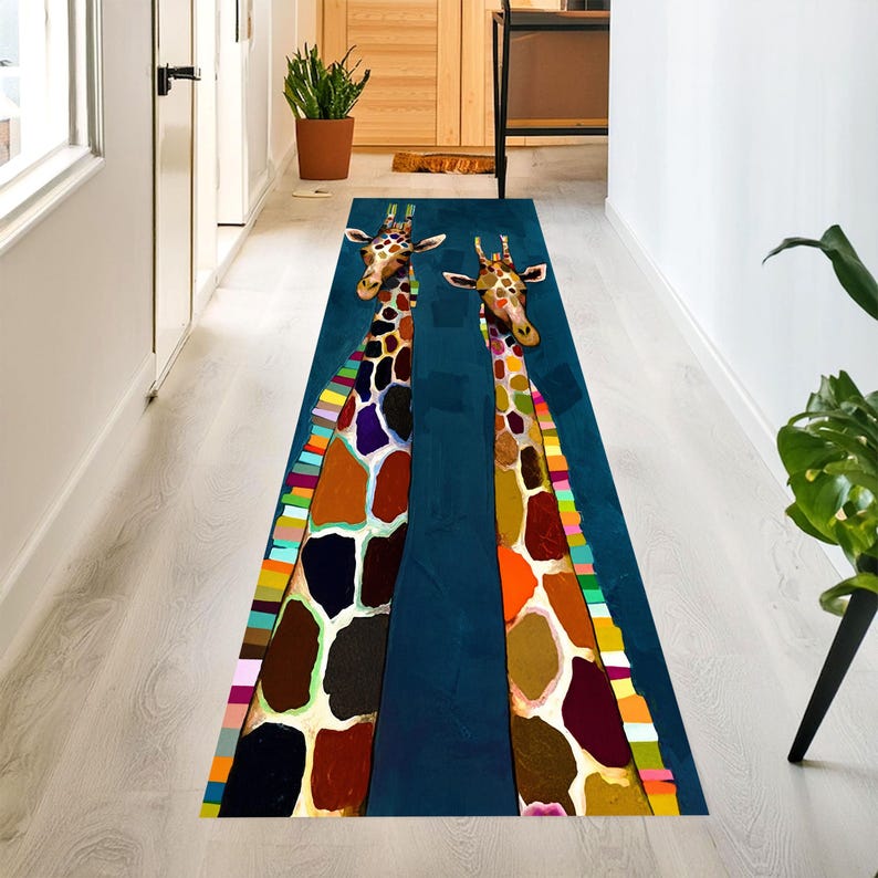 Colorful Giraffe Runner Rug: Modern Animal Art Carpet, Non-Slip Machine-Washable