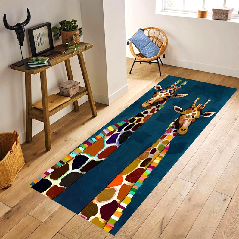 Colorful Giraffe Runner Rug: Modern Animal Art Carpet, Non-Slip Machine-Washable