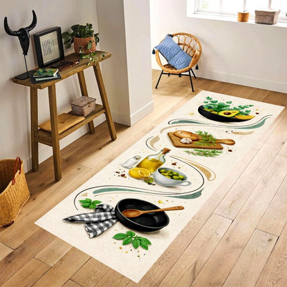 Mediterranean Olive Oil Kitchen Runner Rug: Herbs & Lemon Beige Hallway Carpet, Non-Slip Machine-Washable