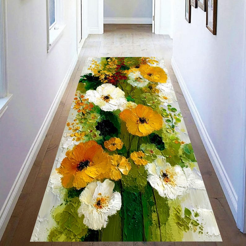 Impasto Wildflower Runner Rug: Yellow White Floral Hallway Carpet, Machine-Washable Non-Slip