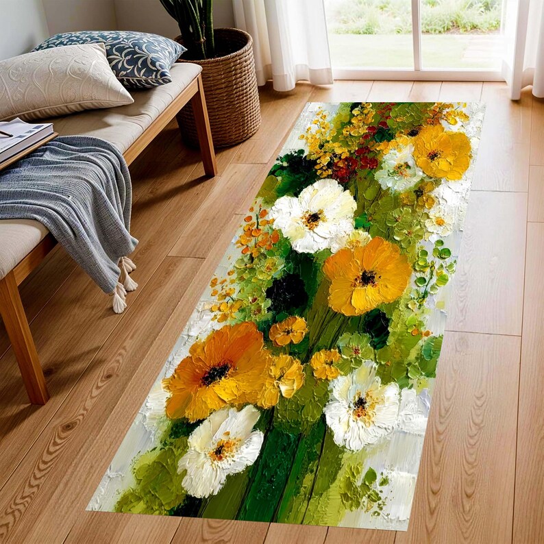 Impasto Wildflower Runner Rug: Yellow White Floral Hallway Carpet, Machine-Washable Non-Slip