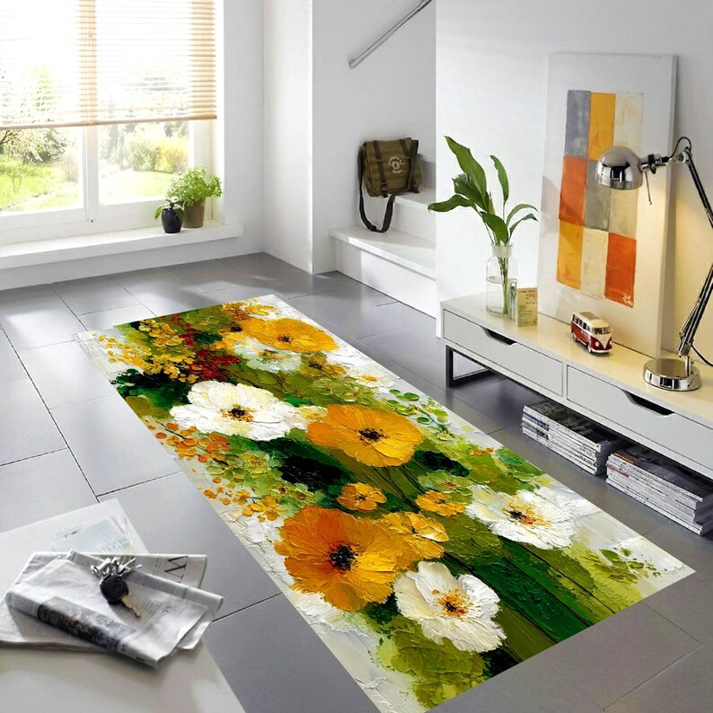 Impasto Wildflower Runner Rug: Yellow White Floral Hallway Carpet, Machine-Washable Non-Slip