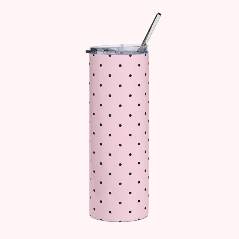 Insulated Polka Dot Water Bottle 20oz Stainless Steel Travel Tumbler with Reusable Metal Straw